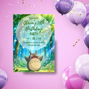 Może przedstawiać: Zaproszenie na przyjęcie urodzinowe z postacią z kresk&oacute;wki w leśnej scenerii. Na zaproszeniu widnieje napis "Olivia's 17th Birthday Party" ze szczeg&oacute;łami daty i godziny. Fioletowe i r&oacute;żowe balony oraz konfetti zdobią tło.