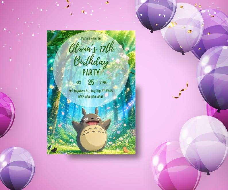 Może przedstawiać: Zaproszenie na przyjęcie urodzinowe z postacią z kresk&oacute;wki w leśnej scenerii. Na zaproszeniu widnieje napis "Olivia's 17th Birthday Party" ze szczeg&oacute;łami daty i godziny. Fioletowe i r&oacute;żowe balony oraz konfetti zdobią tło.