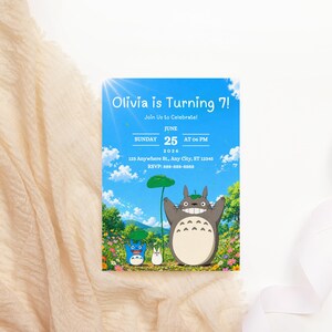 May include: A birthday invitation with a blue sky background featuring animated characters. The invitation reads "Olivia is Turning 7!" with event details: June 25, 2026, at 6 PM, and an RSVP number.