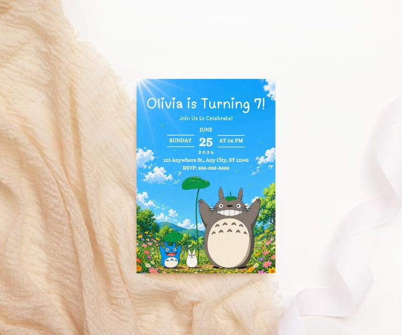 May include: A birthday invitation with a blue sky background featuring animated characters. The invitation reads "Olivia is Turning 7!" with event details: June 25, 2026, at 6 PM, and an RSVP number.