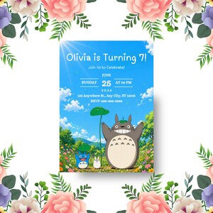 May include: A birthday invitation with a blue sky background featuring the text "Olivia is Turning 7!" and details for the party. The invitation includes illustrations of characters from a popular animated film, surrounded by a floral border.
