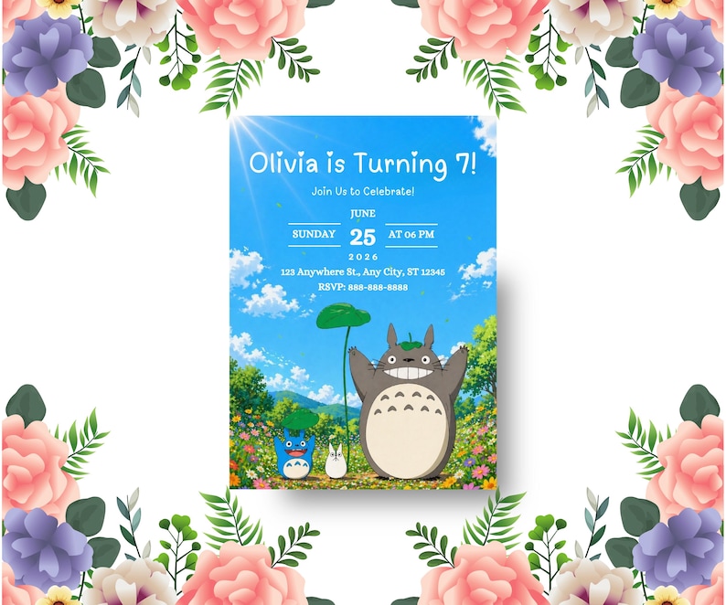 May include: A birthday invitation with a blue sky background featuring the text "Olivia is Turning 7!" and details for the party. The invitation includes illustrations of characters from a popular animated film, surrounded by a floral border.