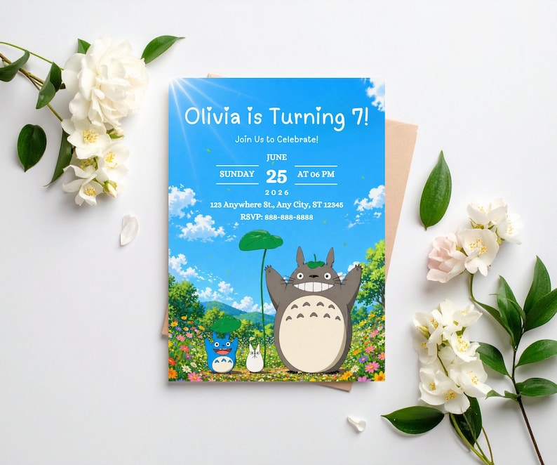 May include: A blue invitation card with the text "Olivia is Turning 7!" against a sky and cloud background, featuring cartoon characters. The card includes event details: June 25, 2026, at 6 PM, and an RSVP number.