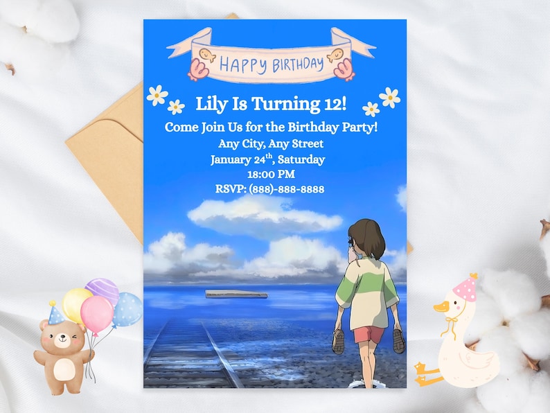 Studio Ghibli Sprited Away Birthday Invitation Template, Digital Easy to Edit image 1