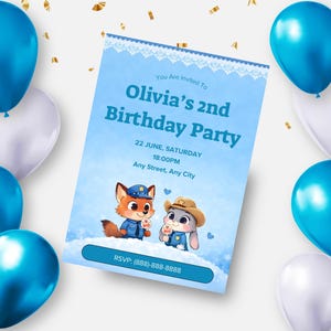 May include: A light blue birthday party invitation with the text "Olivia's 2nd Birthday Party". The invitation features cartoon animals and is surrounded by blue and white balloons. RSVP information is included.
