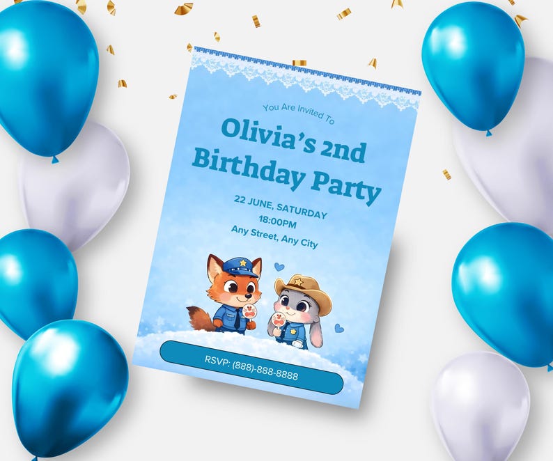 May include: A light blue birthday party invitation with the text "Olivia's 2nd Birthday Party". The invitation features cartoon animals and is surrounded by blue and white balloons. RSVP information is included.