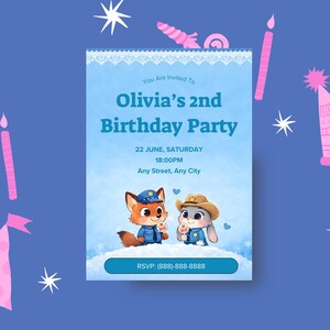 May include: A light blue birthday party invitation with the text "Olivia's 2nd Birthday Party". The invitation features cartoon fox and bunny characters, candles, and party hats. The RSVP phone number is included.