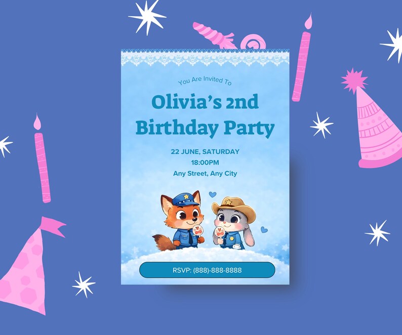 May include: A light blue birthday party invitation with the text "Olivia's 2nd Birthday Party". The invitation features cartoon fox and bunny characters, candles, and party hats. The RSVP phone number is included.