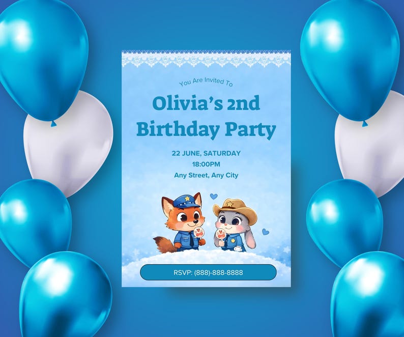 May include: A blue birthday party invitation with the text "Olivia's 2nd Birthday Party". The invitation features cartoon fox and bunny characters, surrounded by blue and white balloons. The RSVP phone number is included.