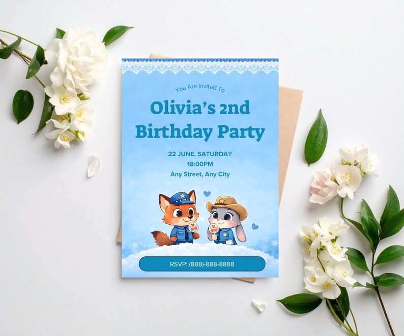 May include: A light blue birthday party invitation with the text "Olivia's 2nd Birthday Party". The invitation features cartoon fox and bunny characters. The RSVP phone number is (888)-888-8888.