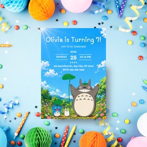 May include: A birthday invitation with a blue sky background featuring a cartoon character. The invitation reads "Olivia is Turning 7!" with event details. The scene is surrounded by colorful decorations, including balloons and streamers.