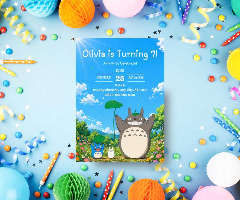 May include: A birthday invitation with a blue sky background featuring a cartoon character. The invitation reads "Olivia is Turning 7!" with event details. The scene is surrounded by colorful decorations, including balloons and streamers.