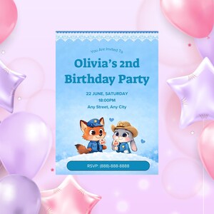 May include: A birthday party invitation with a light blue background and text that reads "Olivia's 2nd Birthday Party". The invitation features cartoon fox and rabbit characters holding ice cream cones. Pink and purple balloons surround the invitation.