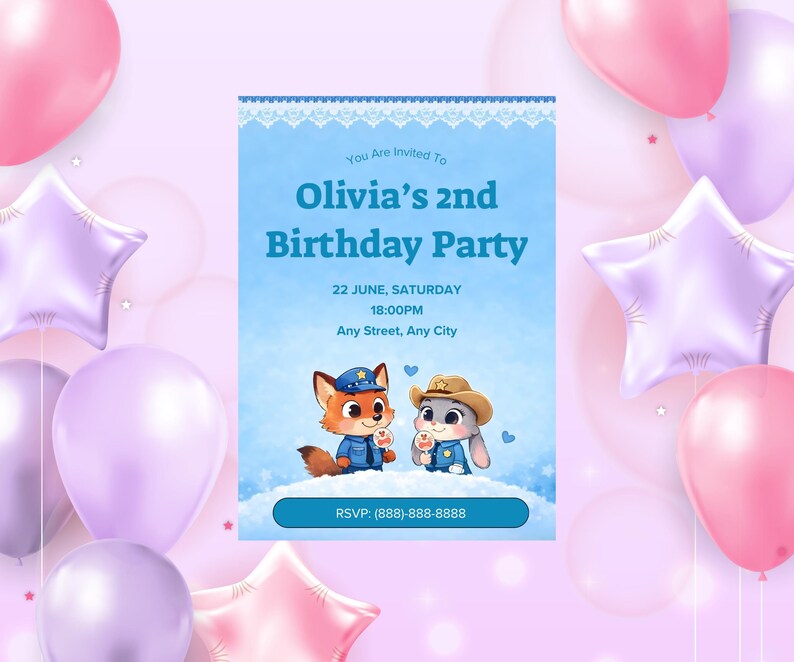 May include: A birthday party invitation with a light blue background and text that reads "Olivia's 2nd Birthday Party". The invitation features cartoon fox and rabbit characters holding ice cream cones. Pink and purple balloons surround the invitation.