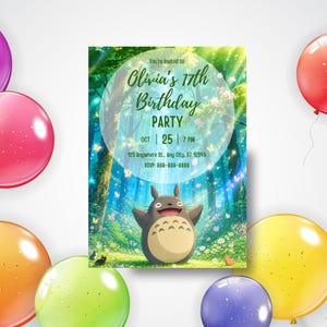 Może przedstawiać: Zaproszenie na przyjęcie urodzinowe z leśną scenerią i postacią z kresk&oacute;wki. Zaproszenie zawiera tekst "Olivia's 17th Birthday Party" oraz szczeg&oacute;ły wydarzenia. Kolorowe balony otaczają zaproszenie.