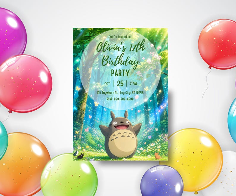 Może przedstawiać: Zaproszenie na przyjęcie urodzinowe z leśną scenerią i postacią z kresk&oacute;wki. Zaproszenie zawiera tekst "Olivia's 17th Birthday Party" oraz szczeg&oacute;ły wydarzenia. Kolorowe balony otaczają zaproszenie.
