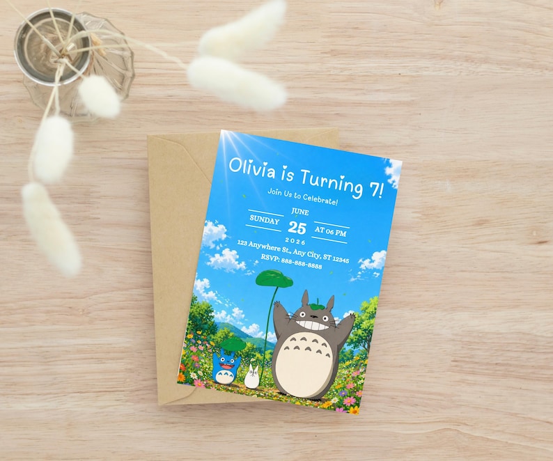 May include: A birthday invitation featuring a blue sky background with cartoon characters. The invitation reads "Olivia is Turning 7!" with the date, time, and RSVP information. The invitation is on a brown envelope.