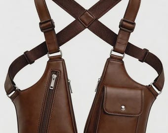 マルチカラーチェストハーネスバッグ – ジッパーとポケット付きの調節可能なレザー製クロスボディホルスター