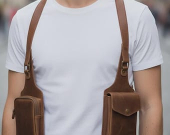 Vintage leren schouderholstertas, borstharnas met dubbele zak, festivaluitrusting, steampunk-utilitytas