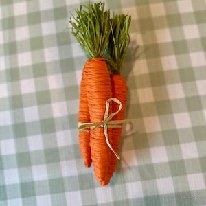 May include: Three orange woven carrots with green raffia tops, tied with a natural raffia bow. The carrots are displayed against a green and white checked background, suggesting a rustic, springtime aesthetic.