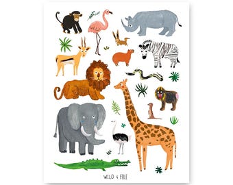 サファリ動物の保育園プリント：アフリカの野生動物の子供用ウォールアート
