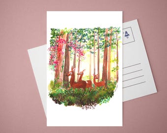森の鹿の保育園プリント：森の動物、自然の壁アート（4x6ミニプリント/ポストカード）