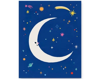 笑顔の月を描いた保育園アート | 天体キッズルームデコレーション | 宇宙ベビープリント | 月のウォールアート
