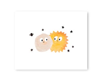 太陽と月の壁アート | 天体ベビールームプリント | 宇宙ベビーデコレーション | 昼と夜のアート
