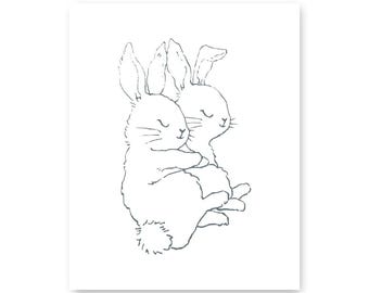 眠そうなウサギの保育園アート | 森の動物の壁飾り | ベビールームのプリント | 子供部屋のアート