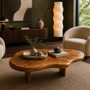 May include: A wooden coffee table with a unique, organic shape. The table is a warm brown color and sits on four sturdy legs. A small vase with greenery and a decorative tray with two small spheres are on the table.