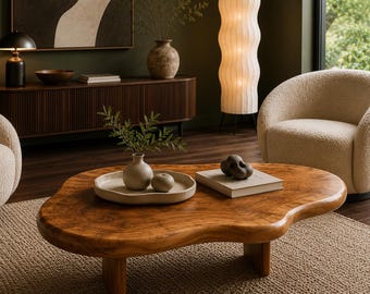 Handcrafted Reclaimed Farmhouse Centerpiece-Organic Shape Solid Wood Coffee Table - Custom Boho Live Edge Centerpiece