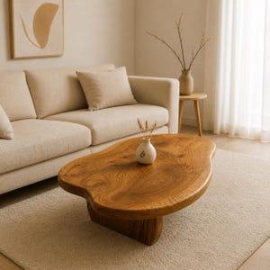 Peut inclure: Une table basse au profil bas fabriquée à partir d'une seule pièce de bois naturel, présentant une forme organique irrégulière et des motifs de grain visibles. La table possède une surface lisse polie et repose sur une base en bois épaisse.