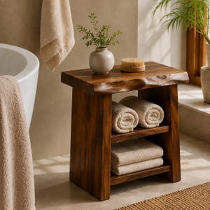 May include: A dark brown wooden side table with a natural live edge top, featuring two open shelves holding rolled and folded beige towels. A small round ceramic vase with green sprigs and a circular wooden bath brush sit on the table surface.