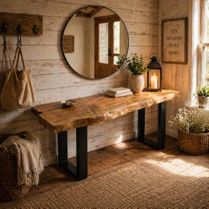 May include: A wooden console table with a live edge top and black metal legs. A round mirror hangs above the table. A lantern with a lit candle sits on the table, along with a small plant and books. The room has a warm atmosphere. The table is approximately 180 cm long.