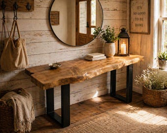 Banco de madera maciza con borde natural, mesa consola rústica con patas de metal, muebles de madera natural.