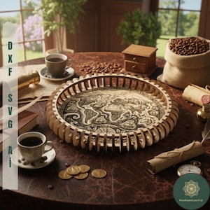 Könnte beinhalten: Ein Holztablett mit detailliertem Kartendesign, umgeben von einem dekorativen Rand. Das Tablett steht auf einem Tisch mit Kaffeetassen, Münzen und einem Sack Kaffeebohnen. Das Bild hat ein Vintage- und Antik-Thema.