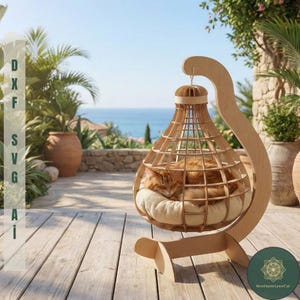 May include: A wooden cat bed with an open-lattice design. The bed is suspended from a curved support and has a cream-coloured cushion. An orange tabby cat is curled up inside. The background includes the text "DXFSVG AI".