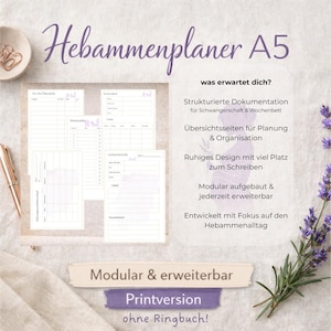 Puede incluir: Planificador A5 titulado "Hebammenplaner" en escritura morada. La imagen muestra varias páginas con documentación estructurada para el embarazo y el posparto. El texto de la derecha describe características como páginas de planificación y un diseño modular.