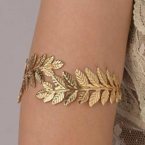 Gold Leaf Upper Arm Cuff - Greek Goddess Armband - Swirl Armlet Bangle - Adjustable Boho Bridal Jewelry - Laurel Leaf Costume Accessory