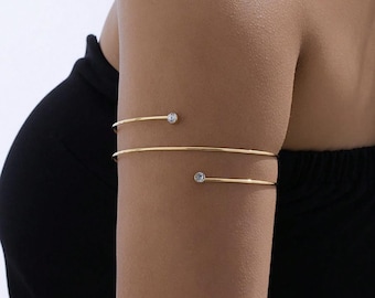 Brazalete minimalista de oro, brazalete de plata, brazalete de doble capa con diamantes de imitación, joyería de estilo griego, delicado brazalete de novia.