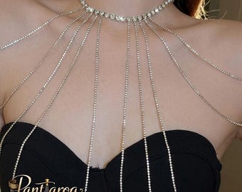 Cadena de hombro con diamantes de imitación - Joyería nupcial - Collar largo con borlas de diamantes - Accesorio de cristal para vestidos - Arnés de fiesta de lujo