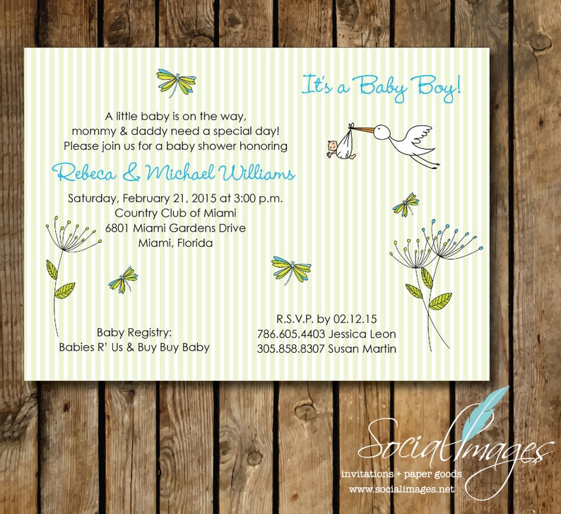 Stork Baby Shower Invitation DIGITAL FILE Boy or Girl 7 X 5