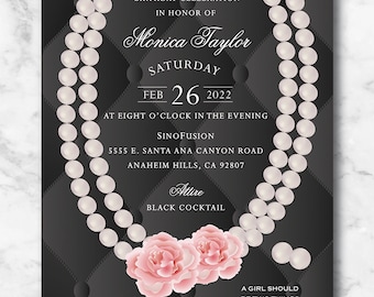 May include: Black and white invitation with a pearl necklace and pink flowers. The invitation is for a 50th birthday celebration for Monica Taylor on Saturday, February 26, 2022, at 8:00 PM at SinoFusion, 5555 E. Santa Ana Canyon Road, Anaheim Hills, CA 92807. The dress code is black cocktail. The invitation also includes the text "A girl should be two things: Classy and Fabulous - Coco Chanel".