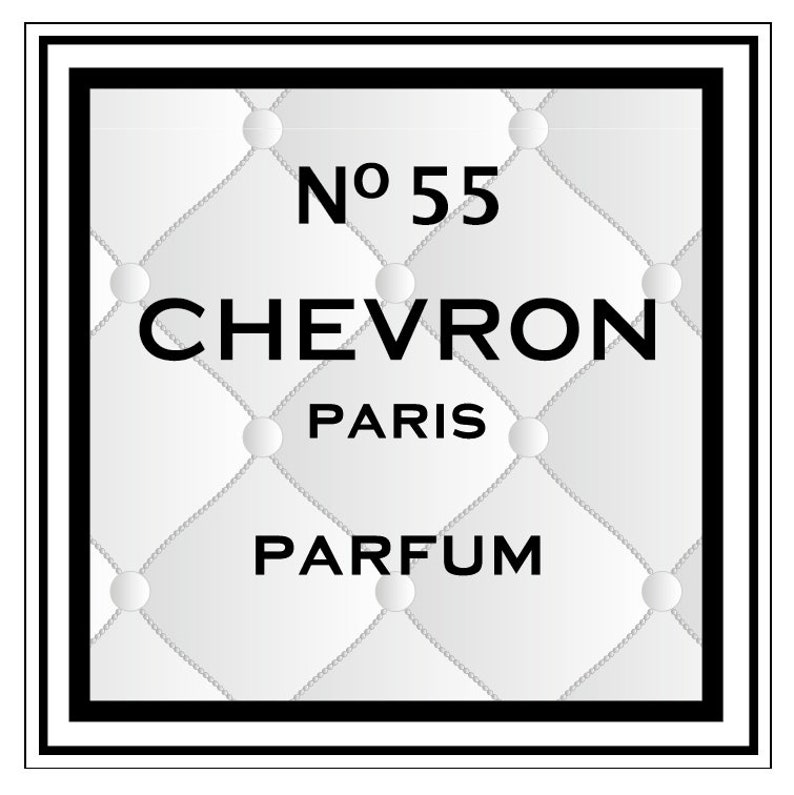 May include: A white and black label with the text "No 55 CHEVRON PARIS PARFUM" on a quilted background.