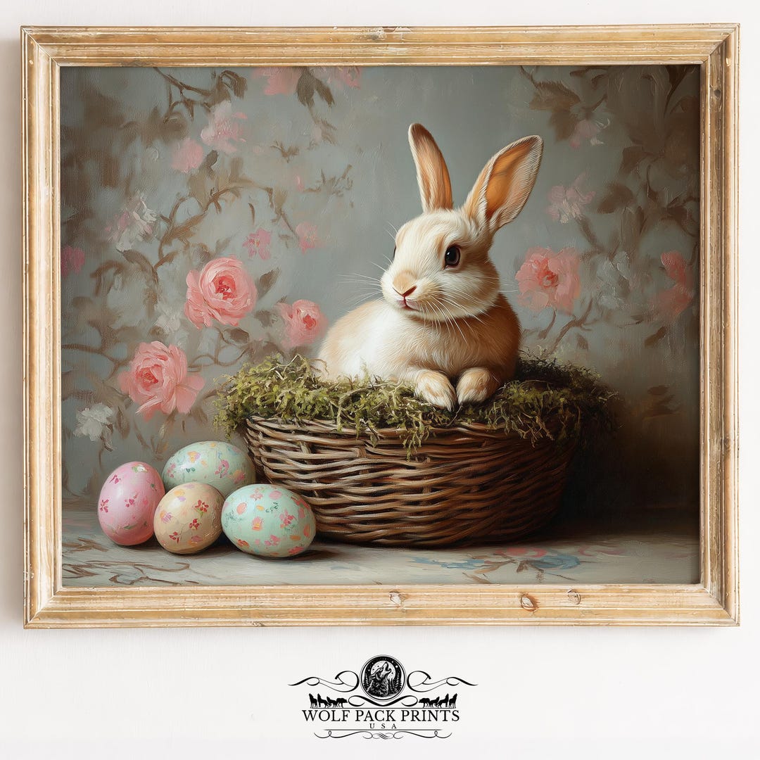 Spring Baby Bunny in Basket Printable - Cottagecore Easter Wall Art ...