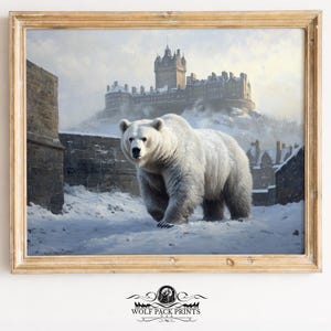May include: A framed print depicts a polar bear walking through a snowy landscape. In the background, a castle sits atop a hill, under a cloudy sky. The artwork is in a wooden frame, with the Wolf Pack Prints logo at the bottom.