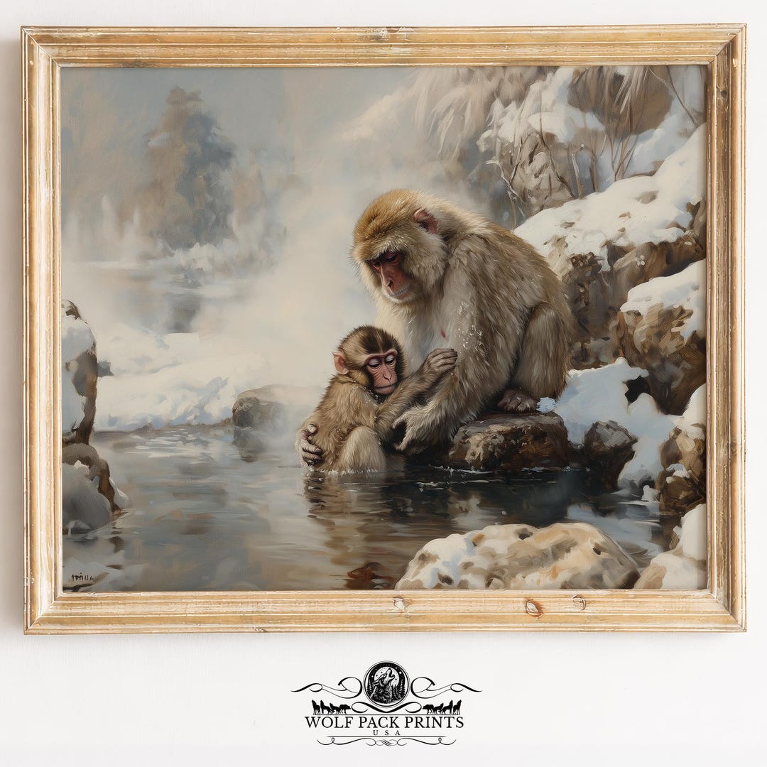 Rustic Monkeys Winter Wildlife Printable Painting - Serene Macaque Bonding Scene ...
