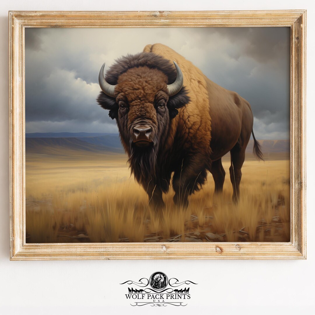 Massive Bison Portrait in Endless Prairie - Moody Wildlife Wall Art ...