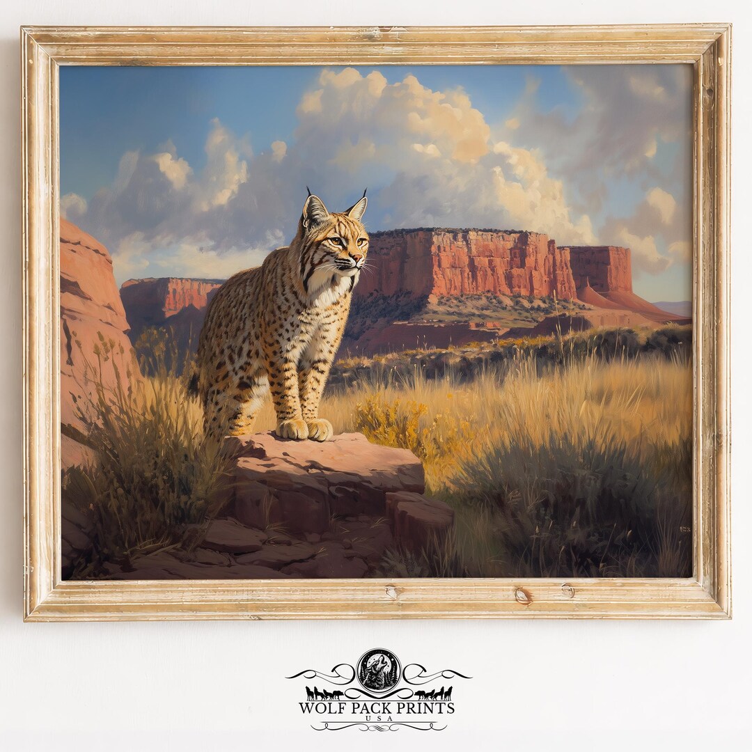Rustic Bobcat Rustic Bobcat Painting in Southwest Landscape - Realistic Wildlife Wall ...