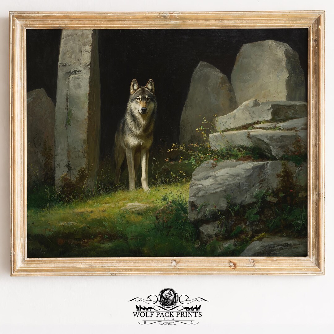 Rustic Wolf Rustic Wolf in Stone Circle Painting - Moody and Dramatic Wildlife Art ...
